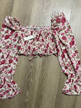 O. VIANCA Floral Smocked Top Size Large | Off-Shoulder Bell Sleeve Sheer Sleeve